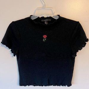 Ribbed Lettuce Trim T Shirt with Embroidered Rose